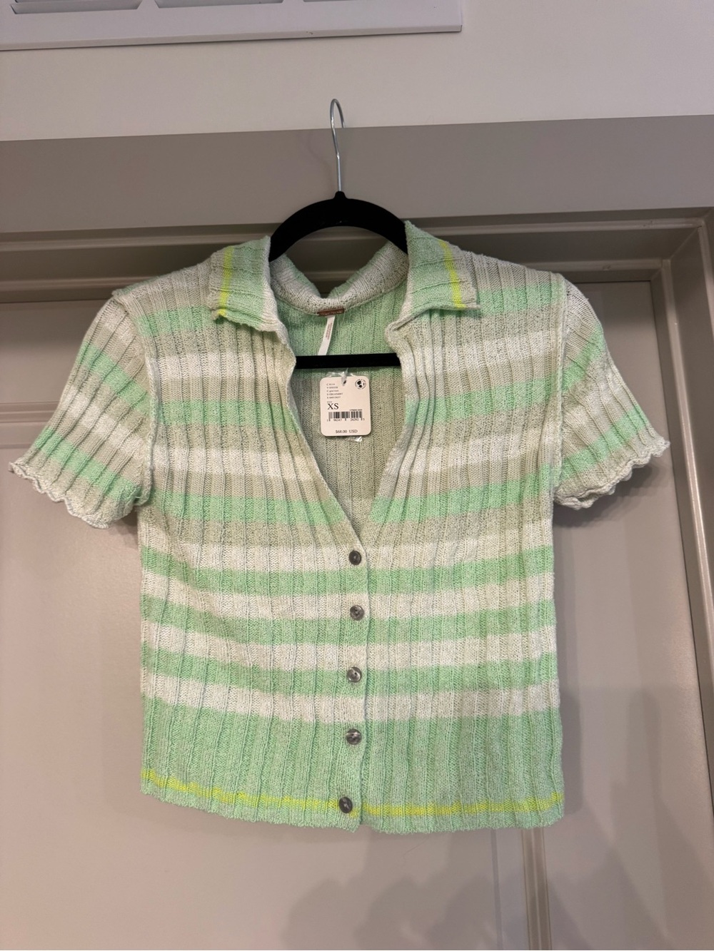 Anthropologie Green & White Striped Button-Front Knit Top